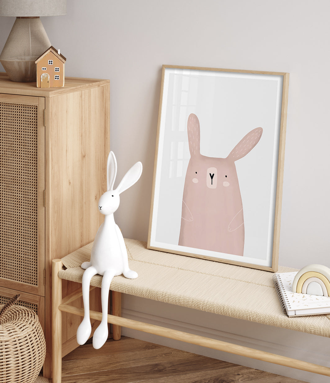 blushing pink bunny rabbit art print baby girl nursery wall art