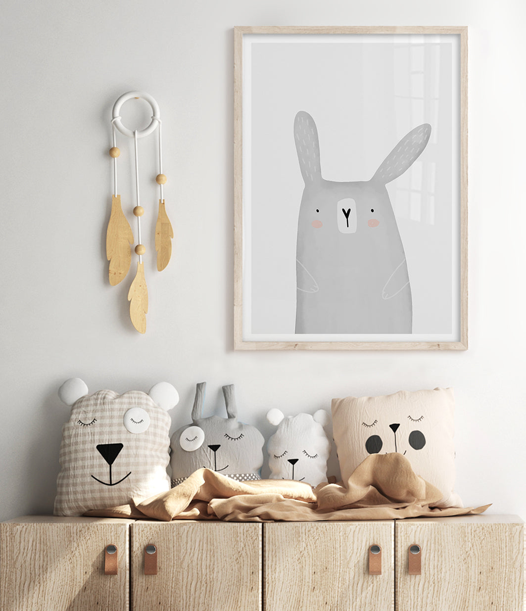 grey bunny rabbit illustration art print nursery wall art