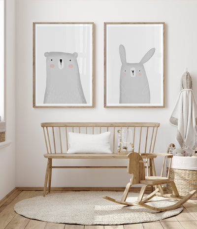 grey bunny rabbit illustration wall art nursery prints