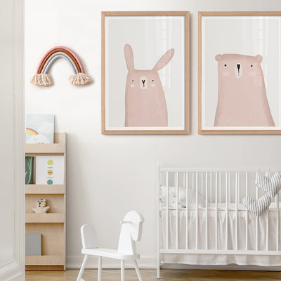 set-of-2-pink-nursery-prints-girl-nursery-decor-bear-bunny-wall-art