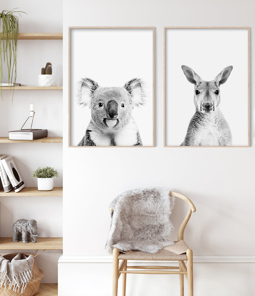 Set of 2 Australian Animal Prints - Kangaroo and Koala (black and white)