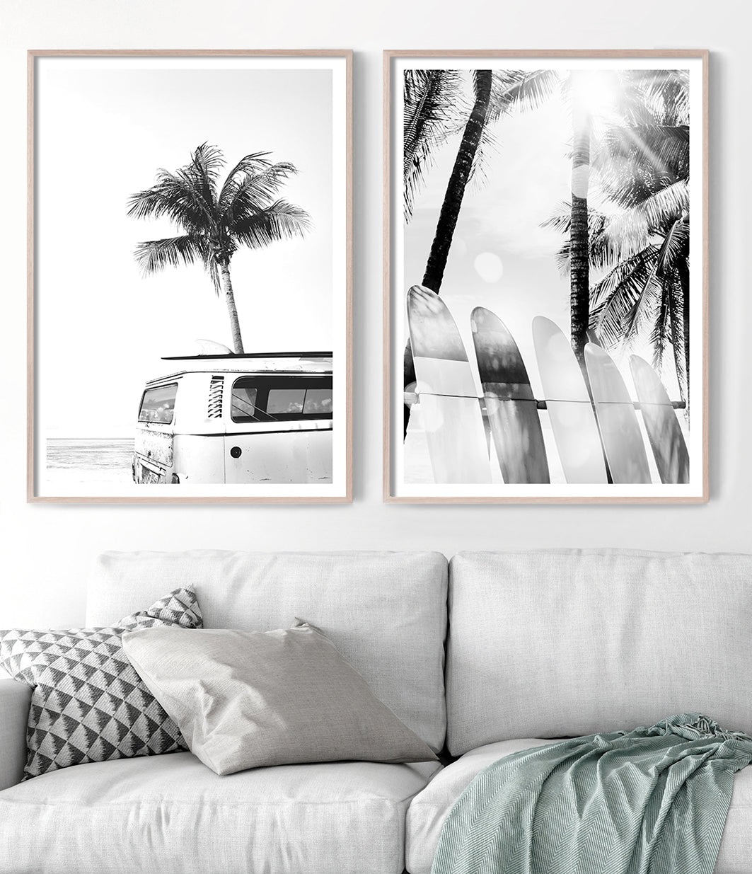Set of 2 Surf Prints - Kombi Van and Surfboards (black and white)