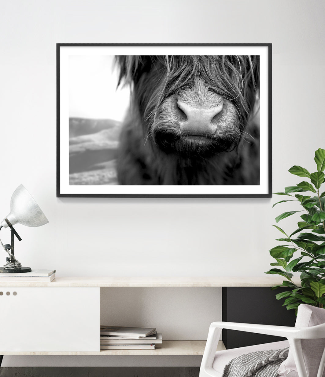 Shaggy Highland Cow Print (Black and White)