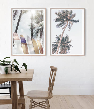 pair of beach prints surfboard photography art palm tree wall art australia
